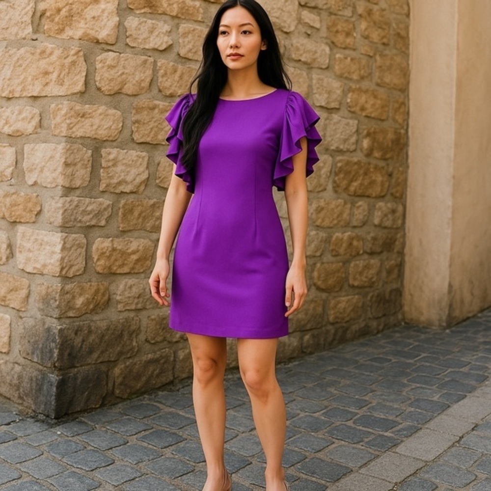 Abaete Purple Sheath Mini Dress with Ruffled Flutter Sleeves